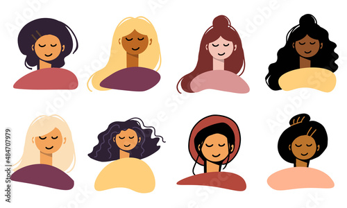 Set collection of female haircut avatars isolated on a white background. Girls or women with different skin and hair colors. Diversity empowerment simple flat cartoon vector illustration.