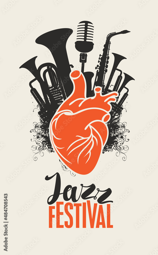 Vector music poster with a red human heart, black brass instruments and a microphone. Abstract musical illustration with the inscription Jazz Festival. Music in the heart, orchestral instruments Vector music poster with a red human heart, black brass instruments and a microphone. Abstract musical illustration with the inscription Jazz Festival. Music in the heart, orchestral instruments