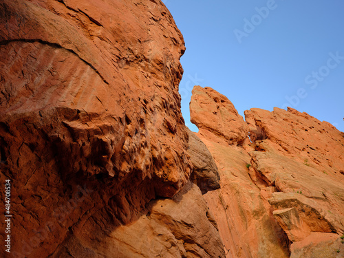 Abstract patterns caused by erosion and glaciers over millions of years on the red sandstone rocky cliffs near Colorado Springs