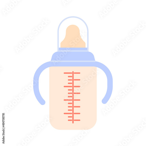 Baby bottle for feeding with pacifier, with handles, cap and measuring scale. Milk, Nutrition for newborn. Milk mixture for baby. For children's goods store. Products for children. Vector illustration