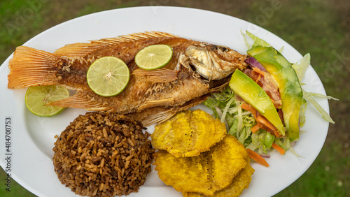 pescado frito, toston, comida tradicional de la costa colombiana, comida deliciosa, en platos blancos con fondos de madera. fideos a la pescadora, todo sobre la costa.