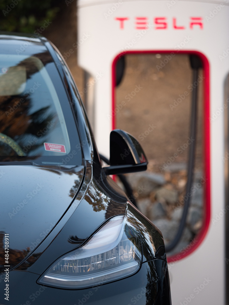 LOS ANGELES, CALIFORNIA, USA December 2021 Tesla car charging at