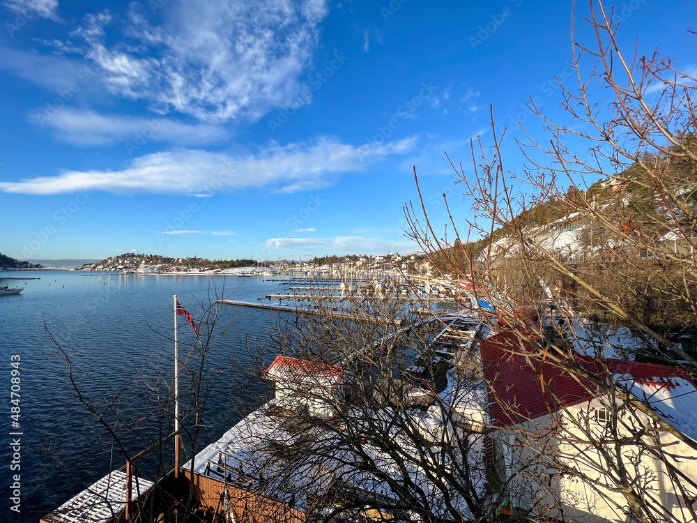 boats in the harbor of Oslo fiord in winter time