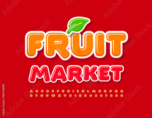 Vector logo Fruit Market with decorative Leaf. Modern style Font. Bright Alphabet Letters and Numbers set