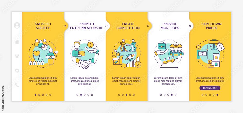 Naklejka premium Market economy advantages yellow onboarding template. Supply and demand. Responsive mobile website with linear concept icons. Web page walkthrough 5 step screens. Lato-Bold, Regular fonts used