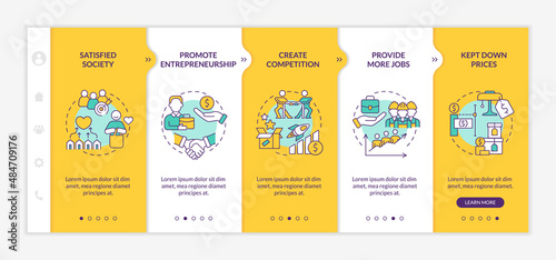 Market economy advantages yellow onboarding template. Supply and demand. Responsive mobile website with linear concept icons. Web page walkthrough 5 step screens. Lato-Bold, Regular fonts used