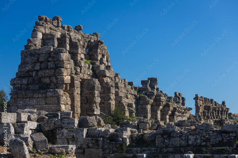 An antique ruined city of columns.Ruin. View of the ancient city in Side, Turkey.