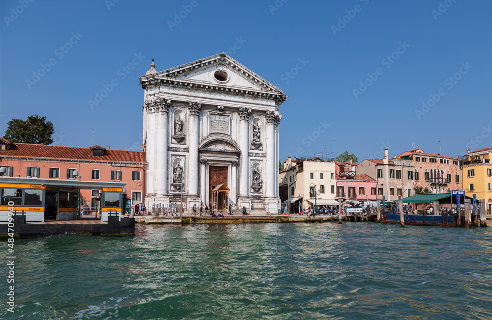 View of the old Dominican church Gesuati (Santa Maria del Rosario) on the waterfront Zaterre of the Giudecca canal. Venice, Italy