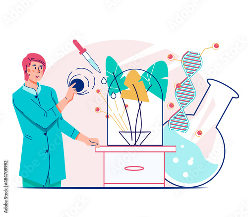 Biotechnology and genetic bioengineering, genome research for medicine, pharmacy and agriculture, flat vector illustration isolated. Scientist conducts bio researches.