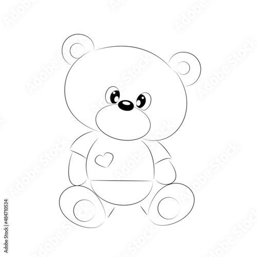 Black and white coloring book for preschool children, cute teddy bear, beautiful outline illustration isolated on white background. one line. Coloring book for kids and adults. Print on t-shirt, cup © Нухова Жизель