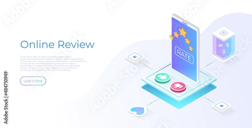 Online review concept in isometric vector illustration. User feedback service on product or app. Online rating concept.