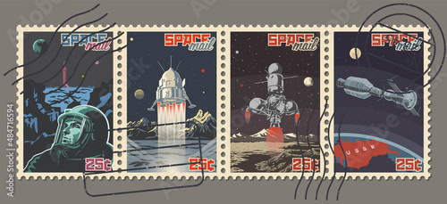 Retro Space Postage Stamps Style Illustrations, Spacecraft, Astronaut, Planets