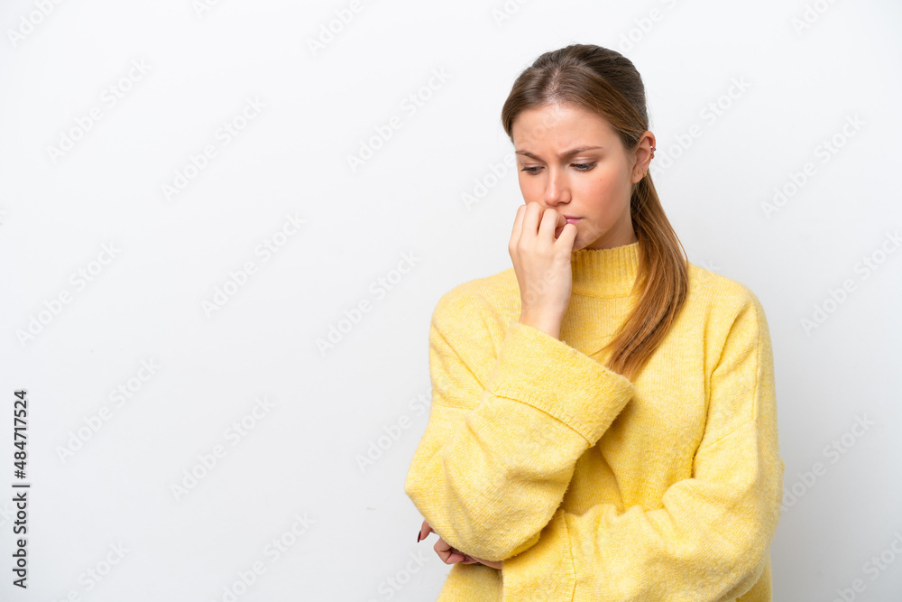 Young caucasian woman isolated on white background having doubts Young caucasian woman isolated on white background having doubts