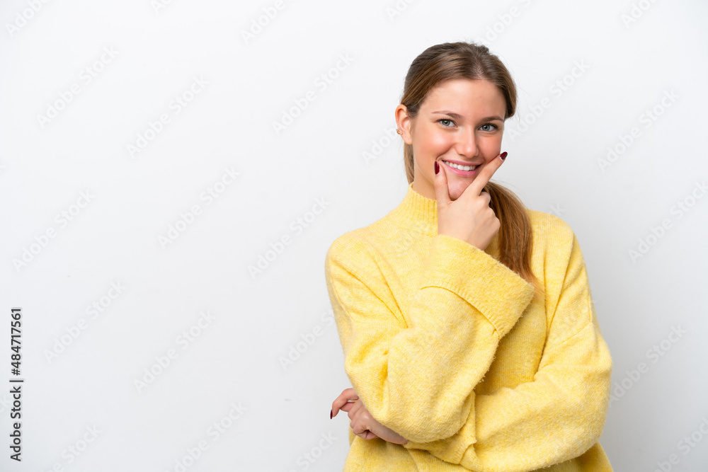 Young caucasian woman isolated on white background happy and smiling Young caucasian woman isolated on white background happy and smiling