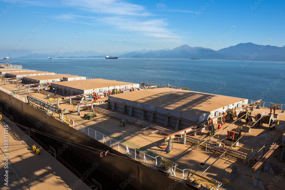 Bulk carrier cargo ship loaded with soy at sea port on sunny summer day. Concept of logistics, commerce, economy, industry, transport, vessel, transportation, shipment, agriculture.