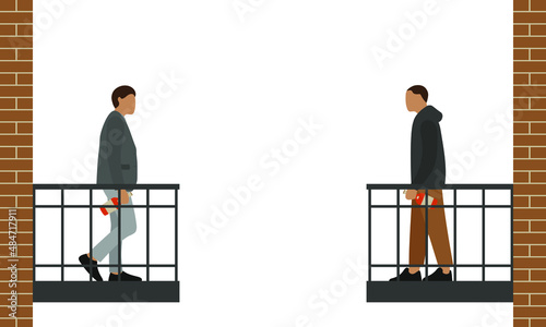 Two male characters with bottles of alcohol in their hands stand on opposite balconies