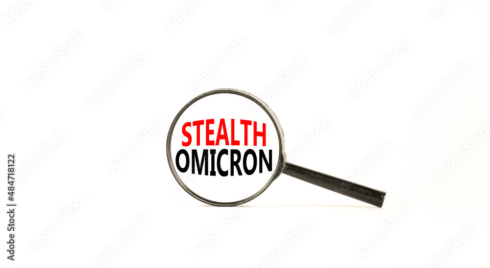 Covid-19 corona stealth omicron variant symbol. Concept words Stealth omicron. Magnifying glass. Beautiful white table, white background. Medical covid-19 corona stealth omicron concept. Copy space. Covid-19 corona stealth omicron variant symbol. Concept words Stealth omicron. Magnifying glass. Beautiful white table, white background. Medical covid-19 corona stealth omicron concept. Copy space.