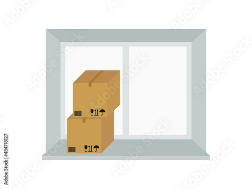 Two cardboard boxes on a windowsill on a white background
