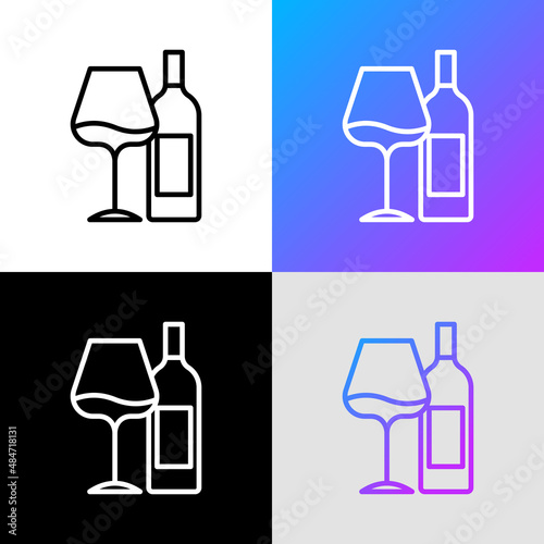 Wine bottle and wine glass thin line icon. Romantic dinner. Modern vector illustration. photo