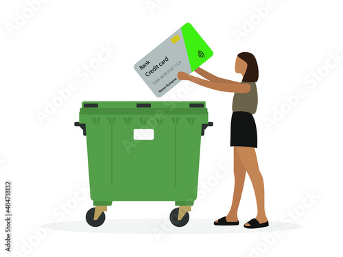 Young female character throwing a big credit card into the trash on a white background