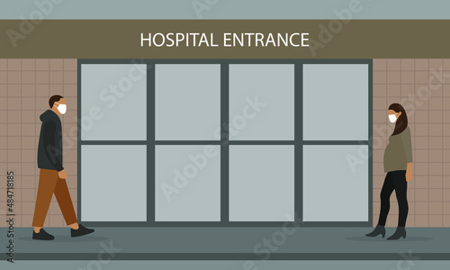 A male character and a pregnant female character in medical masks are walking towards the entrance to the hospital