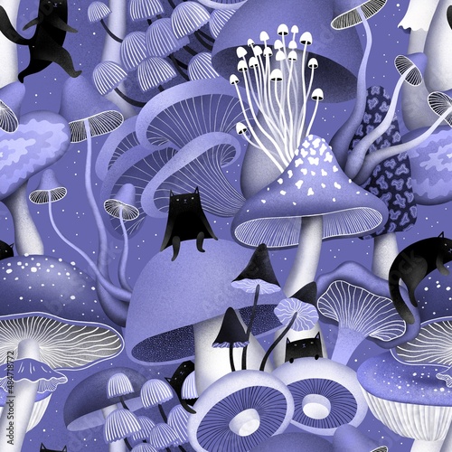 Photography Seamless pattern with psychedelic mushrooms and black cats