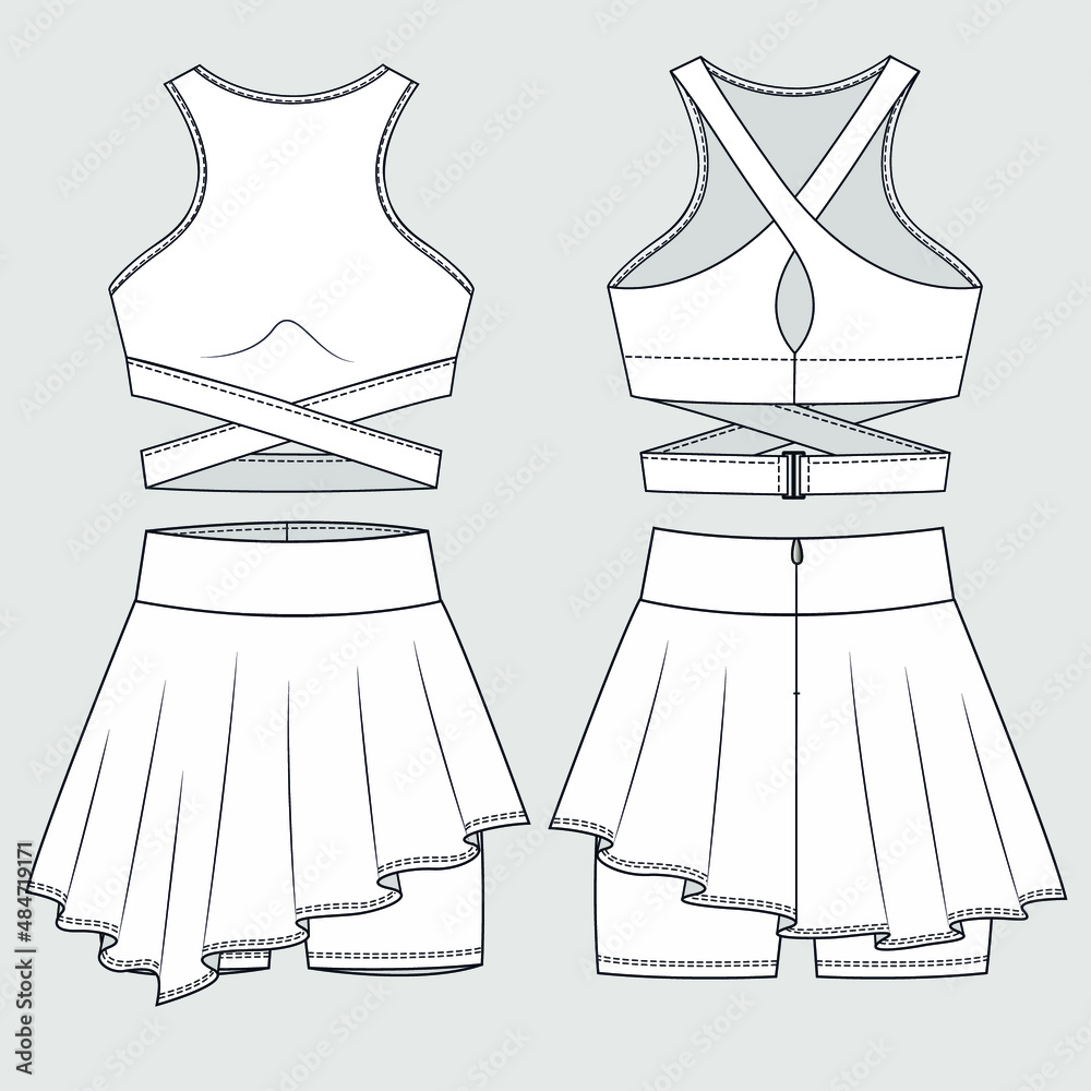 Girls Sports Bra and Shorts-Skirt fashion flat sketch template