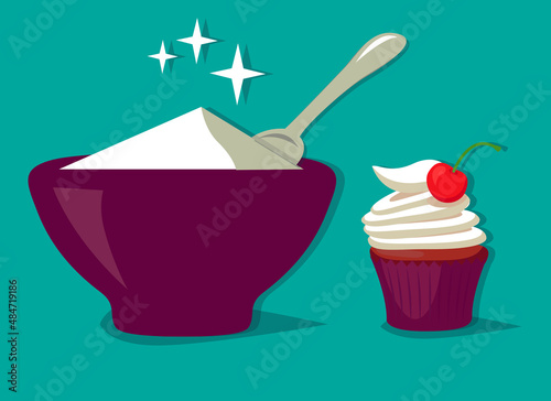 Vector icon illustration, sweet crystal powder sugar in bowl, Sugar pattern consisting of bowl with ingredient. sugars in Bowl.
