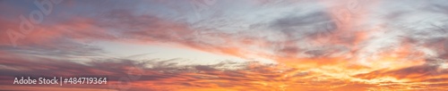 Fototapeta Naklejka Na Ścianę i Meble -  Panoramic View of Cloudscape during a colorful sunset or sunrise. Taken on the West Coast of British Columbia, Canada. Nature Background Panorama