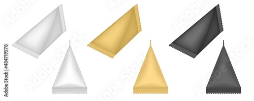 Tetrahedral packaging set. Triangular cardboard package for beverage, juice and milk. Liquid product carton package. Korean cosmetics box. White, gold and black packing. photo