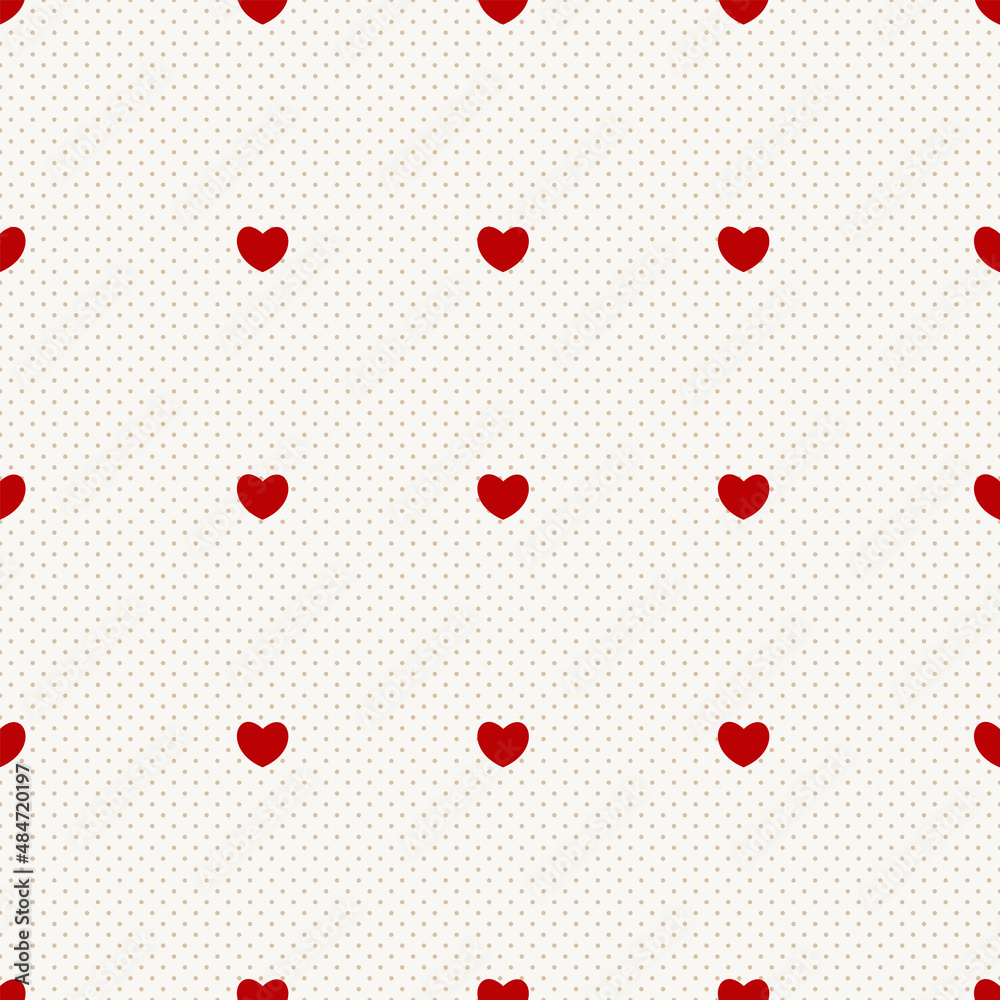 Seamless pattern with small red hearts on dotted background. Repeating texture with hearts and dots. Seamless pattern with small red hearts on dotted background. Repeating texture with hearts and dots.