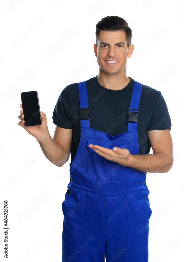Repairman with modern smartphone on white background Repairman with modern smartphone on white background