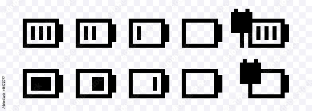 A set of discharged and charged batteries. Laptop, smartphone or pc battery icons. Vector clipart. A set of discharged and charged batteries. Laptop, smartphone or pc battery icons. Vector clipart.