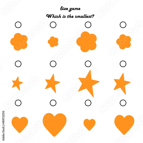 Children's educational game. Find the smallest object. Size game. For preschool children. Cartoon vector illustration
