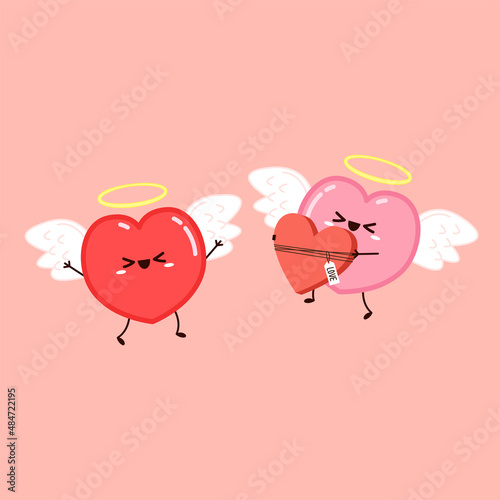 Cute Heart flying on white wings. Vector set Heart character on white background. Romantic flat style Valentine's Day illustrations to express feelings of love.