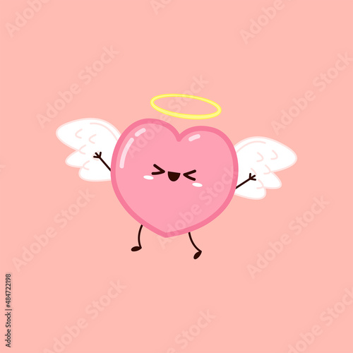 Cute Heart flying on white wings. Vector set Heart character on white background. Romantic flat style Valentine's Day illustrations to express feelings of love.