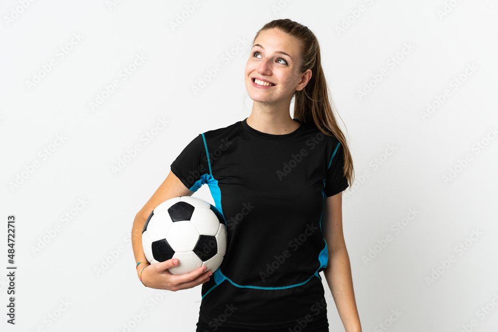 Young football player woman isolated on white background thinking an idea while looking up Young football player woman isolated on white background thinking an idea while looking up