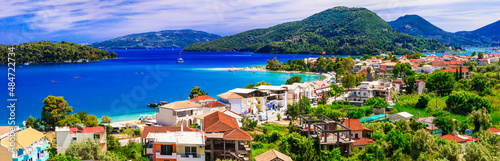 Panoramic view of Nidri bay, beautiful Lefkada island. Beautiful Ionian islands of Greece. Greek summer holidays photo