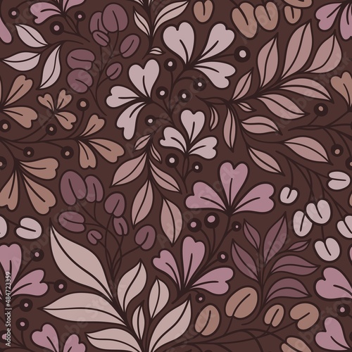 BURGUNDY SEAMLESS VECTOR BACKGROUND WITH MULTICOLORED PLANT TWIGS