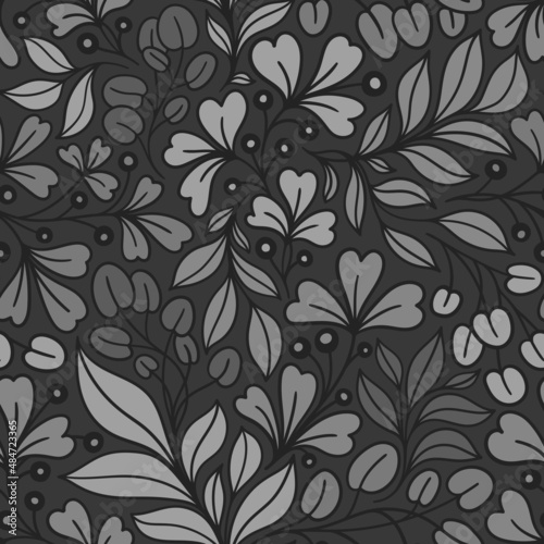 GRAY SEAMLESS VECTOR BACKGROUND WITH DIFFERENT BRANCHES OF PLANTS