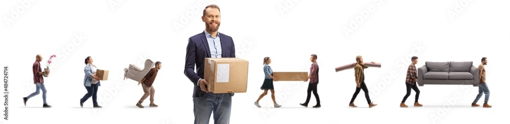 Guy with a box and people moving items in the back Guy with a box and people moving items in the back