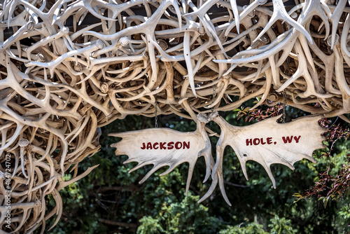 The famous welcome arch of antlers in Jackson Hole, Wyoming. photo