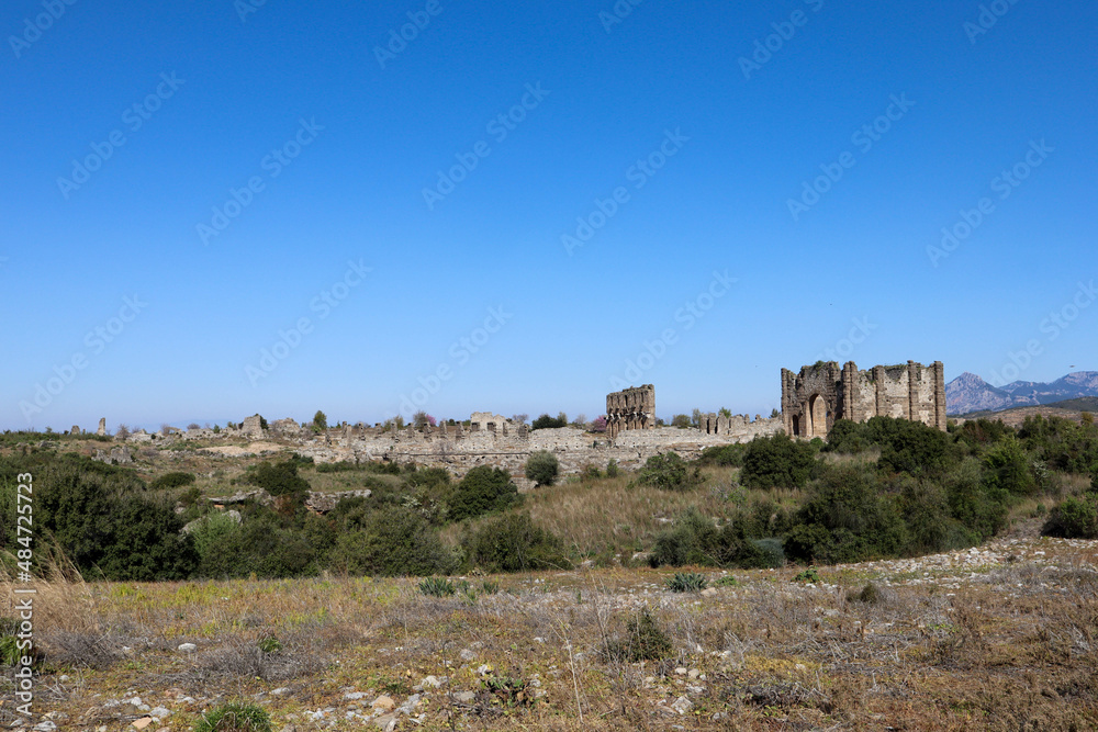 panoramic view to the ruins of the ancient city Aspendos center with agora and basilica