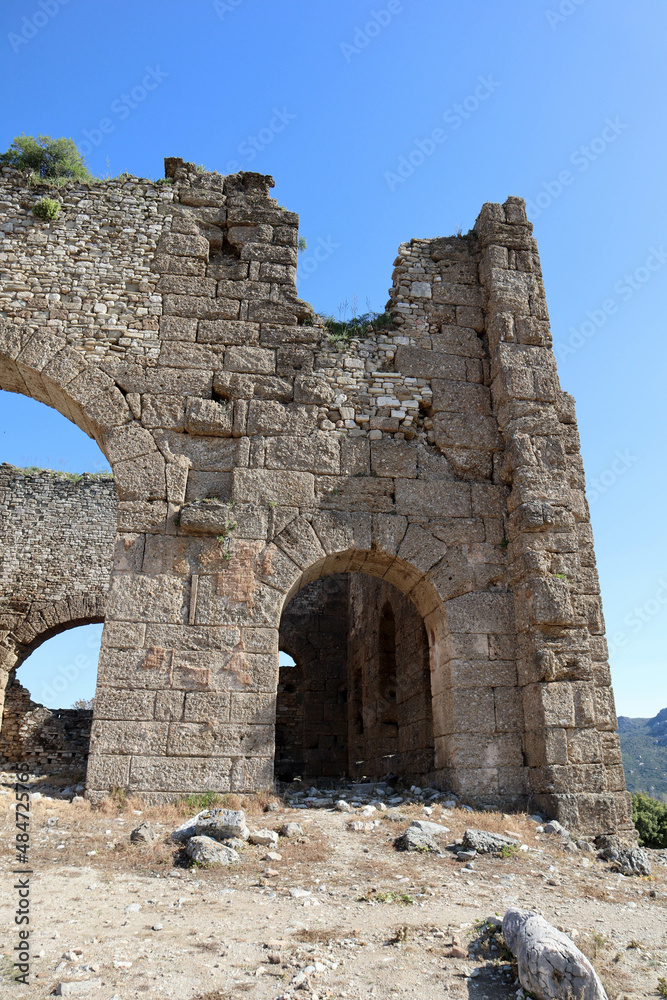 close up view of ancient roman basilica in Aspendos, Turkey