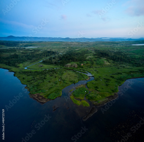 Landscape of lake and river in evening photo