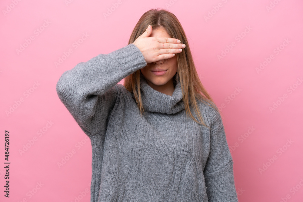 Young caucasian woman isolated on pink bakcground covering eyes by hands. Do not want to see something Young caucasian woman isolated on pink bakcground covering eyes by hands. Do not want to see something