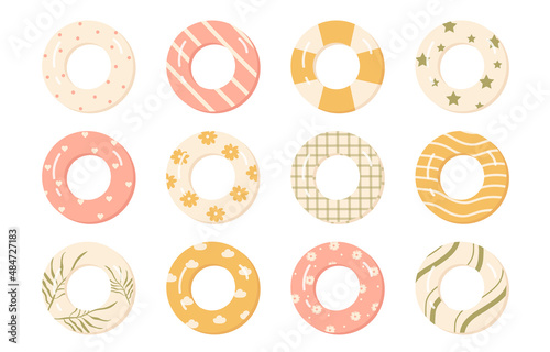 Vintage rubber rings set. Swimming ring. Summer, beach vacation. Inflatable swimming pool toys. Vector illustration in cartoon style. Isolated on white background.