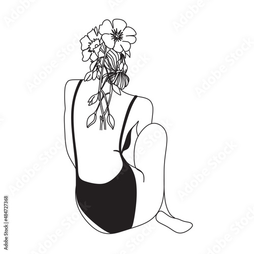 Abstract figure of a woman in a bathing suit. One line vector drawing. Portrait minimalistic style. Botanical print. Nature symbol of cosmetics. Modern continuous line art. Fashion print.Modern 