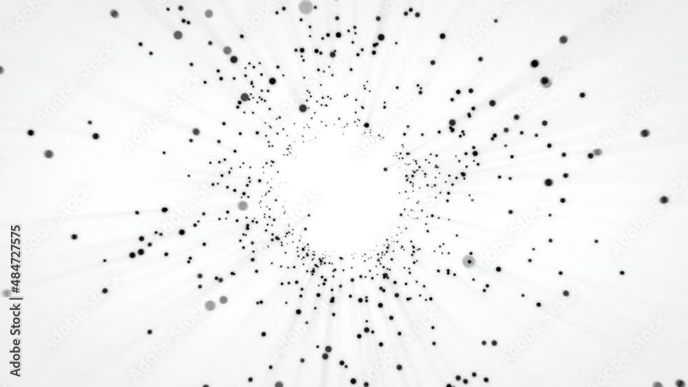 Animation of black and white particles representing big data stream. Concept of cloud computing services in data center. Network connections of IOT. Perfect to use as a technology or IT background. 4K