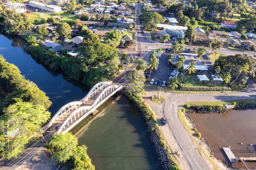 Aerial view of Haleiwa and it's iconic Rainbow Bridge on the north shore of Oahu, Hawaii